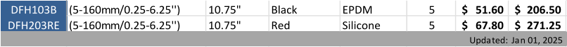 DFH103B (5-160mm/0.25-6.25'') 10.75" Black  EPDM 5 51.60 $     206.50 $     DFH203RE (5-160mm/0.25-6.25'') 10.75" Red Silicone 5 67.80 $     271.25 $     Updated: Jan 01, 2025